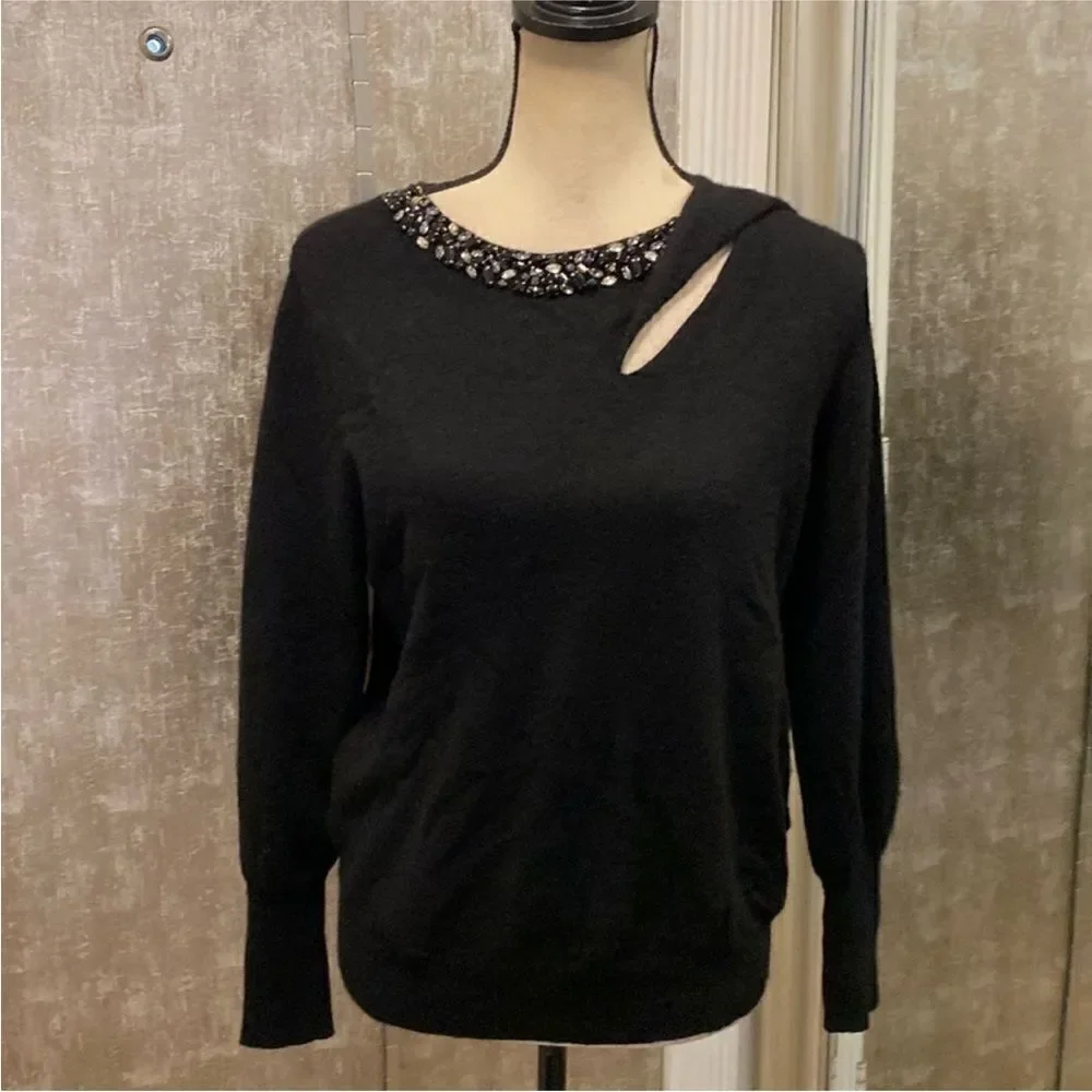 Magaschoni Elegant Black Sweater with Embellished Neckline, M